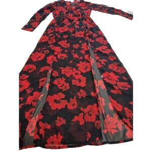Miley + Molly Black and Red Maxi Floral Dress Romper Slit Sleeves Sz S